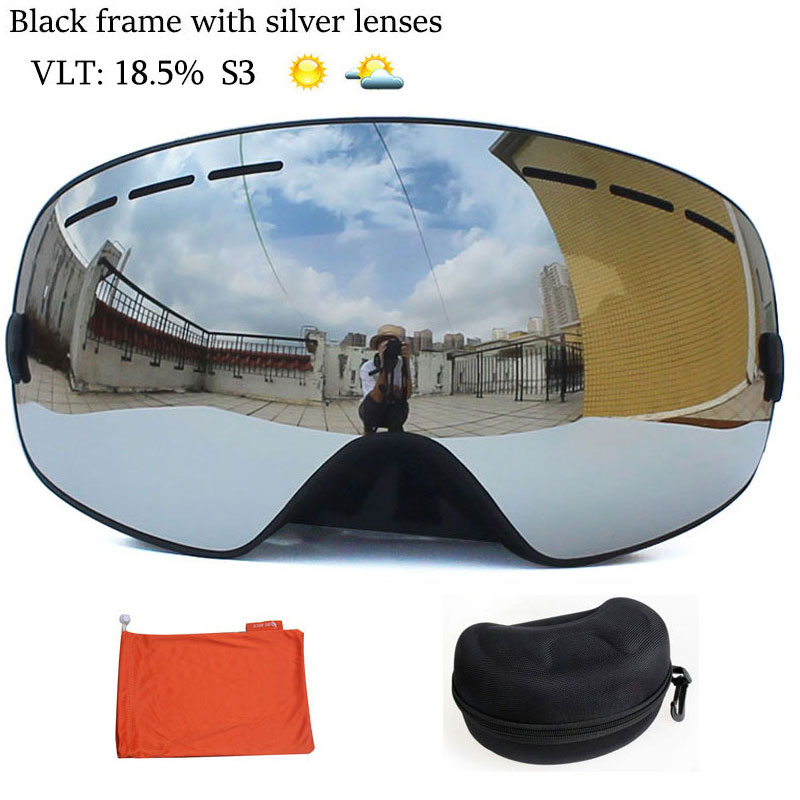 Benice double Layers UV anti-fog lens Men ski goggles big spherical skiing snowboarding snow glasses Eyewear 3100 Set case: Black Silver