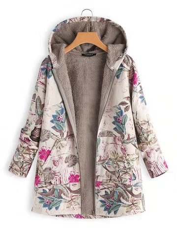 Chaqueta de mujer abrigo de peluche cazadora de invierno cálido prendas de vestir estampado Floral bolsillos con capucha Vintage abrigos de gran tamaño de talla grande # D: Rose red / S
