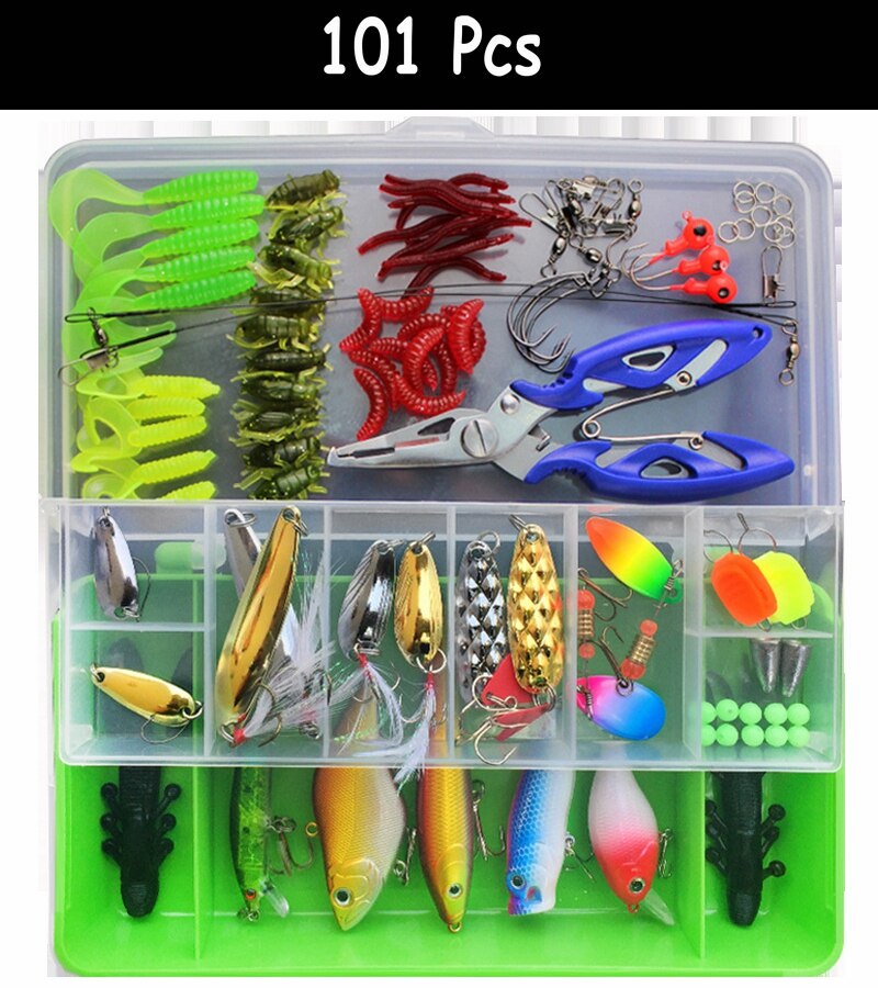 Multi fiskeri lokkesæt spinner crankbait minnow popper vib blød hård ske crank lokkemad fiskekroge tilbehør til redskabsboks: 101 stk-a