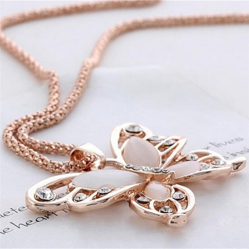 Rose Gold Acryl Kristall 4CM Große Schmetterling Anhänger Halskette 70CM Lange Kette zur Seite fahren Schmuck Für Frauen