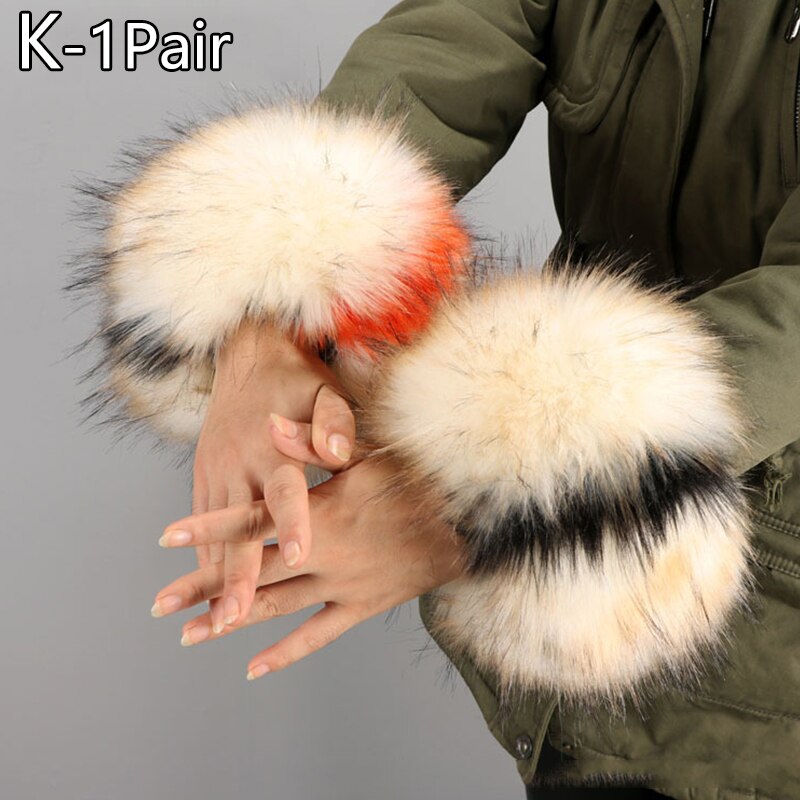 2 pezzi grande polsino in pelliccia da polso decorazione manica grande cappotto invernale manica anello mano pelliccia di volpe sintetica pelliccia grande maniche lunghe calde polsini scaldamuscoli: K