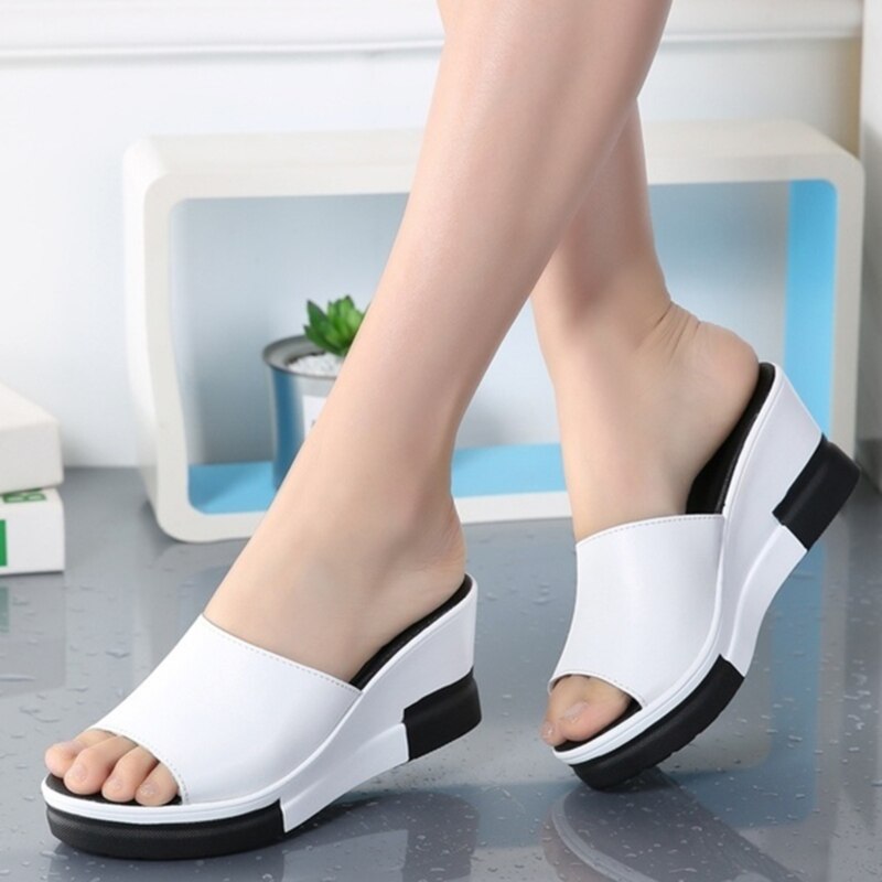 Women Wedge Slipper Summer High Heels Beach Slippers Slanted Heel Sandals Fish Mouth Thick Bottom Casual Outdoor Shoes