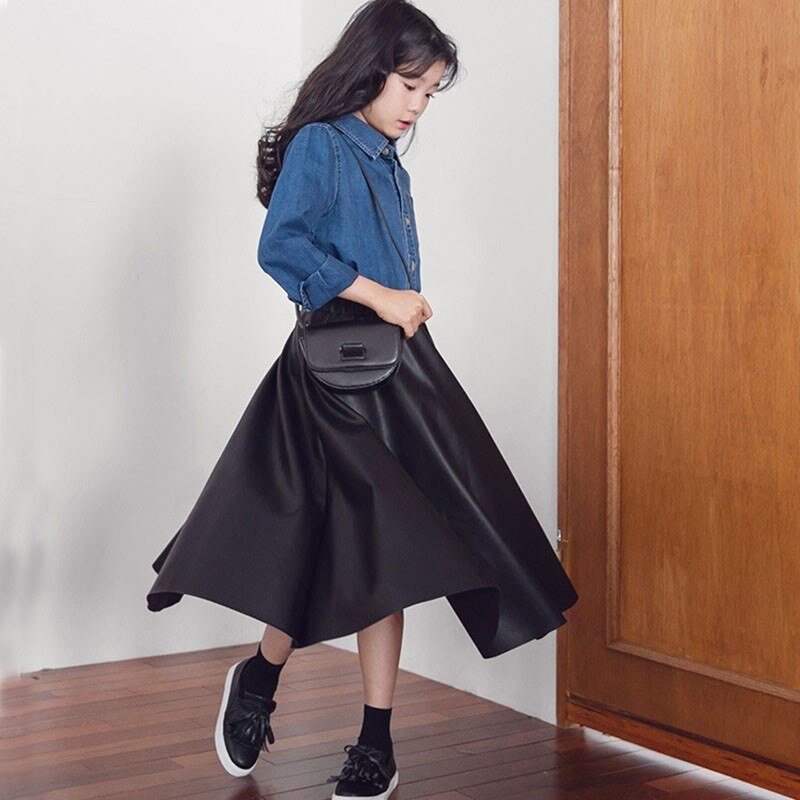 PU skórzane spódnice dla dziewczynek solidny kolor maluch spódnica dzieci długa wiosna jesień księżniczka rodzic-dziecko ubrania sukienka dla dzieci 2020