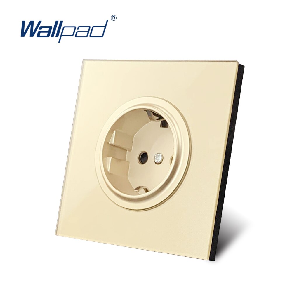 Wallpad 16A EU Standard Wall Power Socket Outlet Gold Crystal Glass Panel Grounded With Child Protective Lock