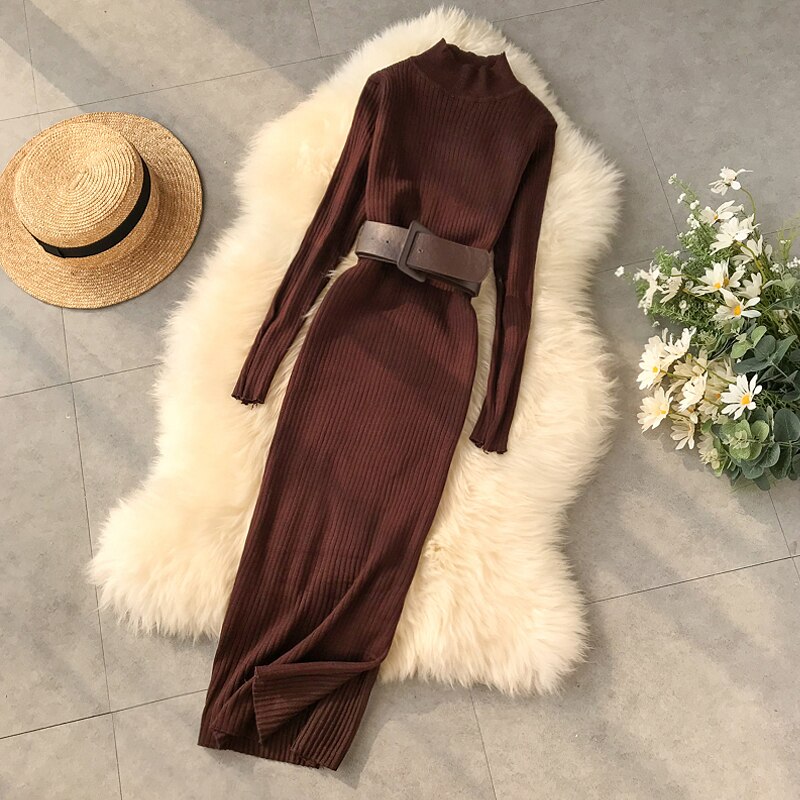 Yuoomuoo god tyk rullekrave sweater kjole kvinder vinter koreansk bodycon arbejdskjole dame strikkjole