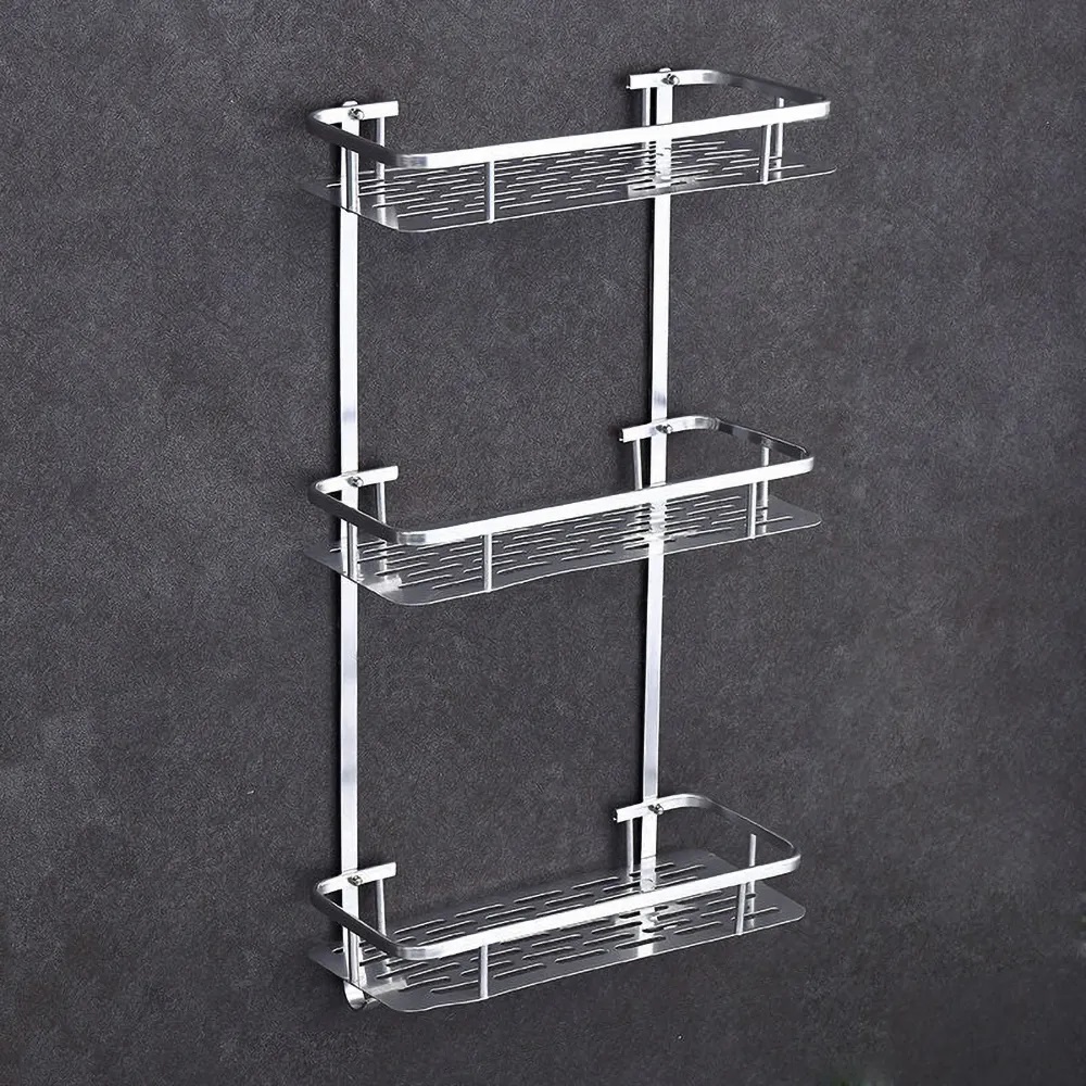 Estantes cuadrados para baño, cesta de ducha de aluminio plateado, soporte para champú de 1-3 capas, colgador de pared, estante de almacenamiento, accesorios organizadores