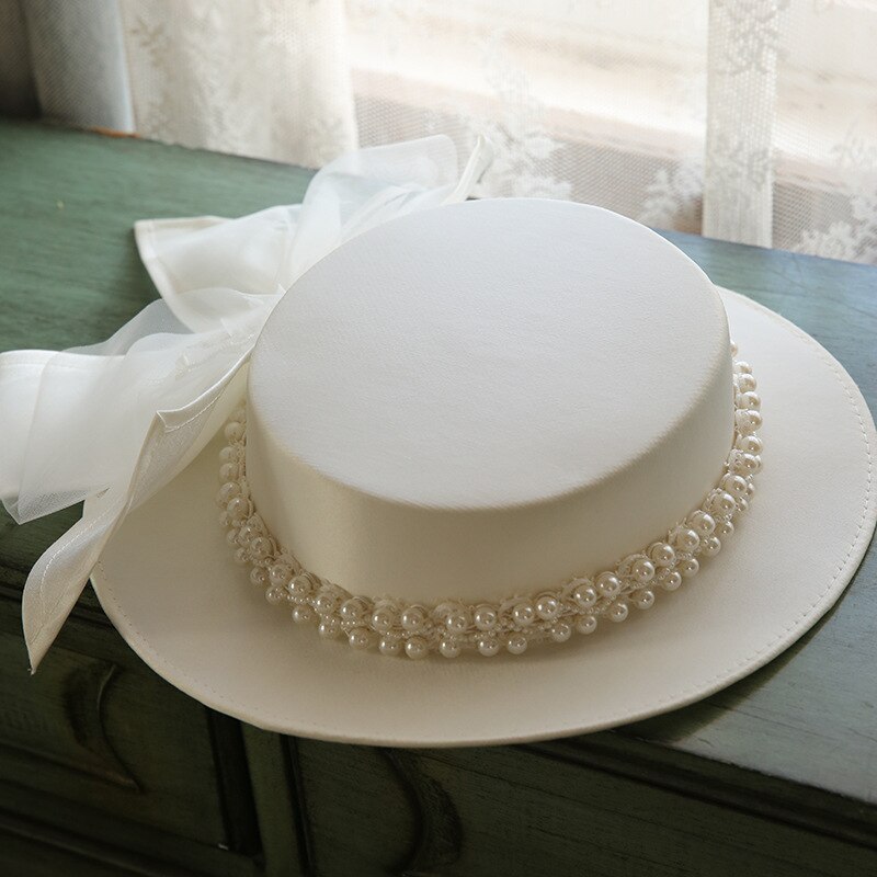 White wedding Hat Retro Topper Spring Summer Bowknot Pearls Decoration Accessories Top Hat