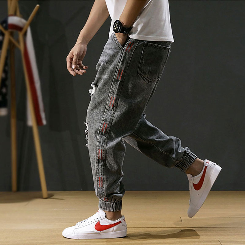 Style japonais hommes jean rayé concepteur coupe ample détruit déchiré Harem jean hommes Cargo pantalon Streetwear Hip Hop jean