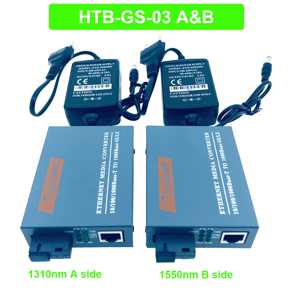 1 Pair HTB-GS-03 Gigabit Fiber Optical Media Converter 10/100/1000Mbps LAN Single Mode Single Fiber SC Port with Power Supply