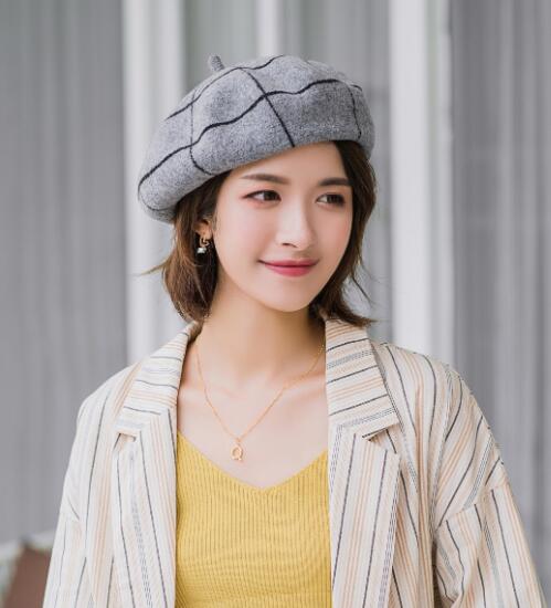 Boinas de invierno a cuadros para mujer Vintage de lana de punto sombreros femeninos estilo británico gorro de señora gorro de pintor sombreros de niña boina