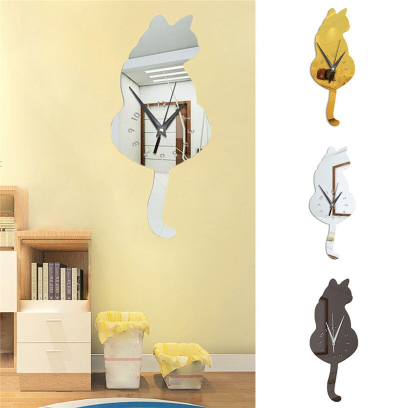 3d Cartoon Cat Acrylic Mirror Clock diy Home Decoration Living Room Mirror Wall Clock Modern Wall Sticker Clocks ju18