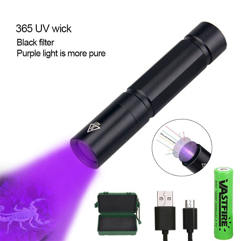 Mini linterna UV de 5W de 365nm, luz ultravioleta negra, linterna púrpura recargable vía USB, alfombra, Detector de orina de mascotas, escorpiones de captura: with case