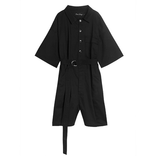 Men Jumpsuits Overalls Summer Short Sleeve Loose Casual Shirt Style Short Trouser Male Women Streetwear Hip Hop Harem Pants: N789 black / XXL