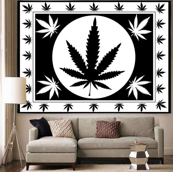 Simsant svart vit löv gobeläng vit rasta marijuana löv konst vägghängande gobelänger för vardagsrum hem sovsal inredning
