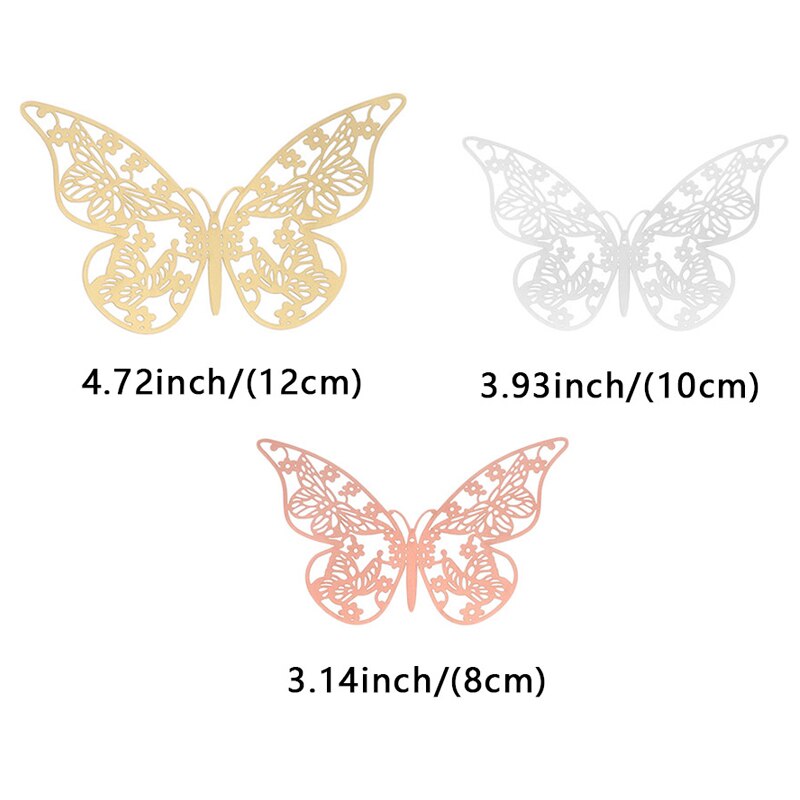 12Pcs 3D Hollow Vlinder Muurstickers Diy Home Decoratie Metalen Textuur Goud Zilver Rosegoud Decals Bruiloft Feestartikelen