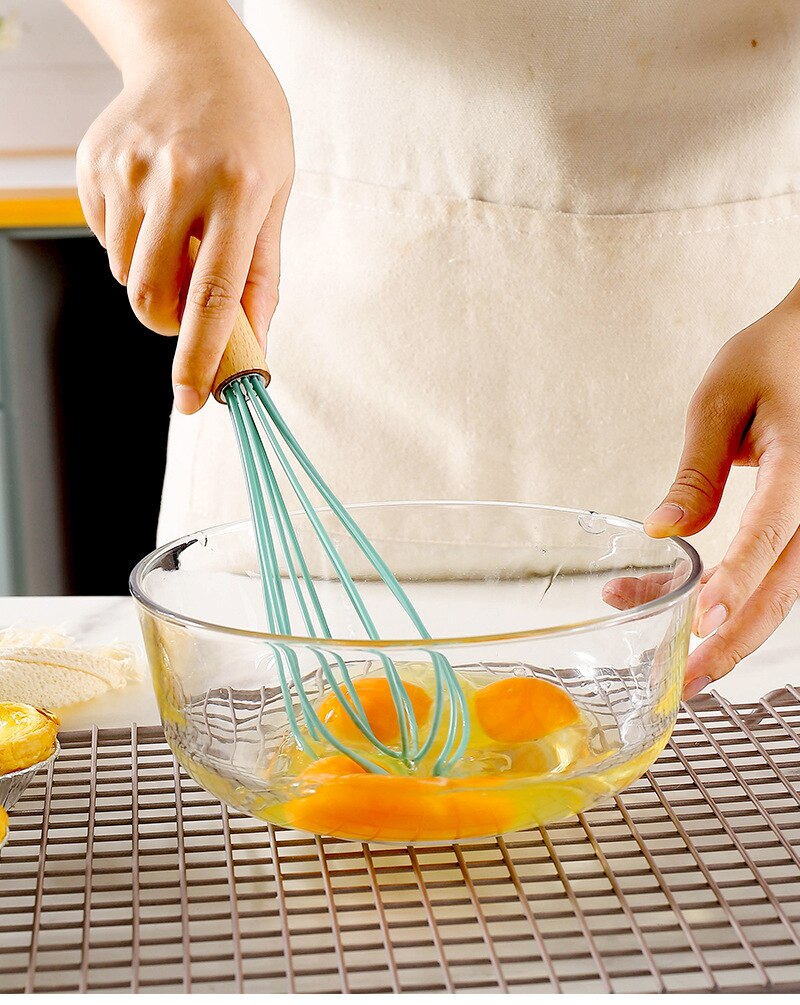 Wooden Handle Kitchen Silicone Whisk Easy To Clean Egg Beater Milk Frother Kitchen Utensil Kitchen Silicone Egg Beater Tool