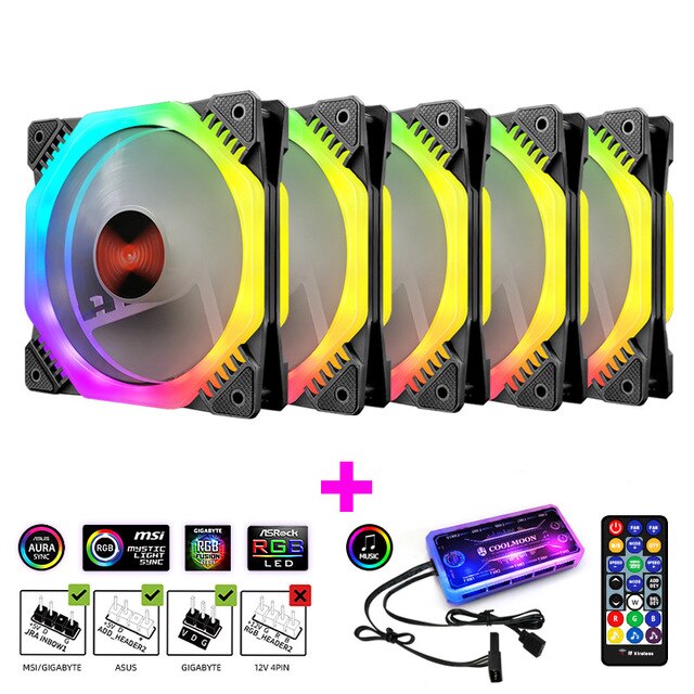 ARK II 120mm RGB fan computer case cooling fan with LED 5V lighting fan: 5 fan and controller