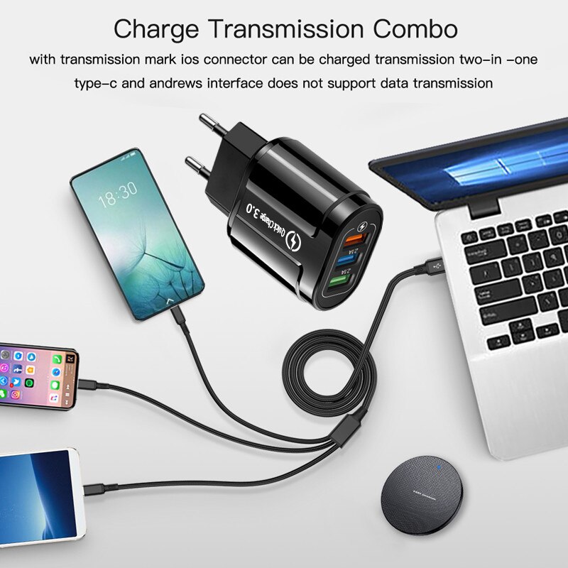 3 Poorten Snelle Usb Charger Cable Telefoon Snellader 3.0 5V 3A Eu/Us Plug Wall Charger Voor samsung Apple Iphone Sony Xiaomi Huawei