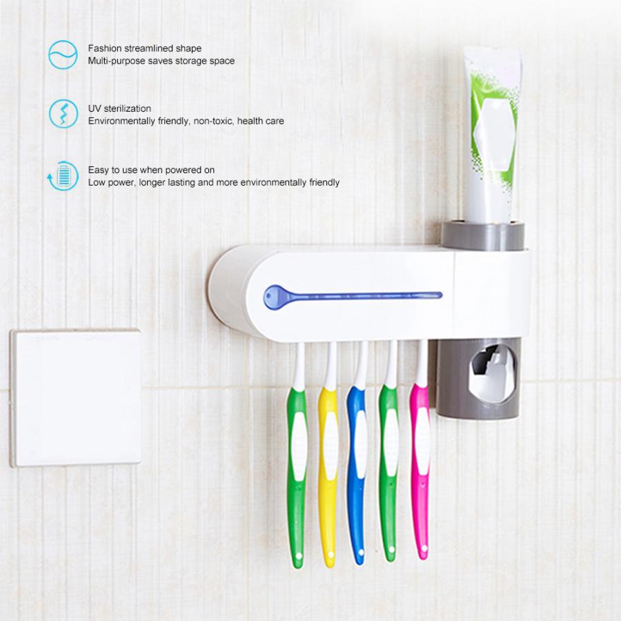 Wall Mounted 2 in 1 UV Light Ultraviolet Toothbrush Automatic Toothpaste Dispenser Sterilizer Toothbrush Holder Cleaner