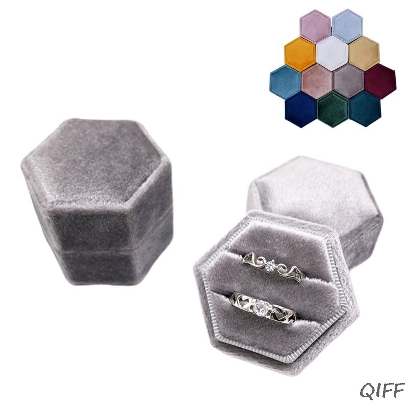 Velvet Double Ring Box Hexagon Wedding Ceremony Ring Box for proposal, engagement, wedding with Detachable Lid: I