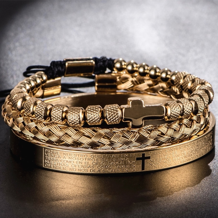 Luksus sæt rustfrit stål perler armbånd cross hip hop mænd smykker charme åben bragle udskæring spanske skrifter dropshiping: Guld sæt