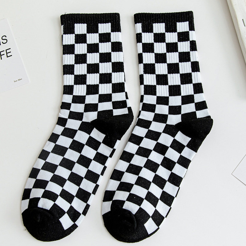 Women Socks Checkboard Harajuku Street Black White Squares Pattern Plaid Novelty Skateboard Funny Cotton Socks For Girl: Beige