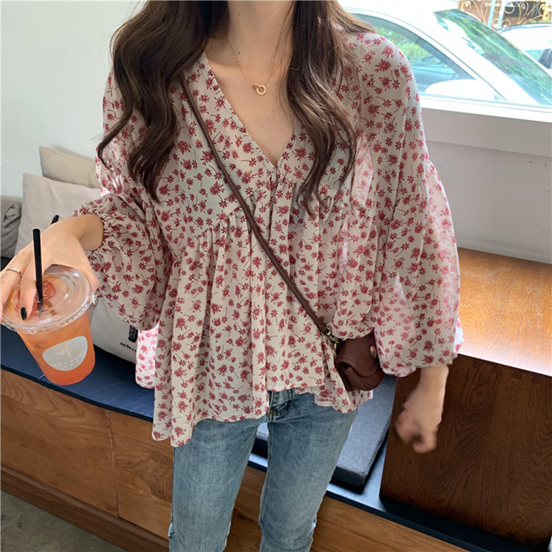 Camisa de gasa con cuello en V para mujer, blusas dulces, blusa coreana con estampado Floral de manga larga, ropa informal holgada y ajustada para mujer 2023 9307