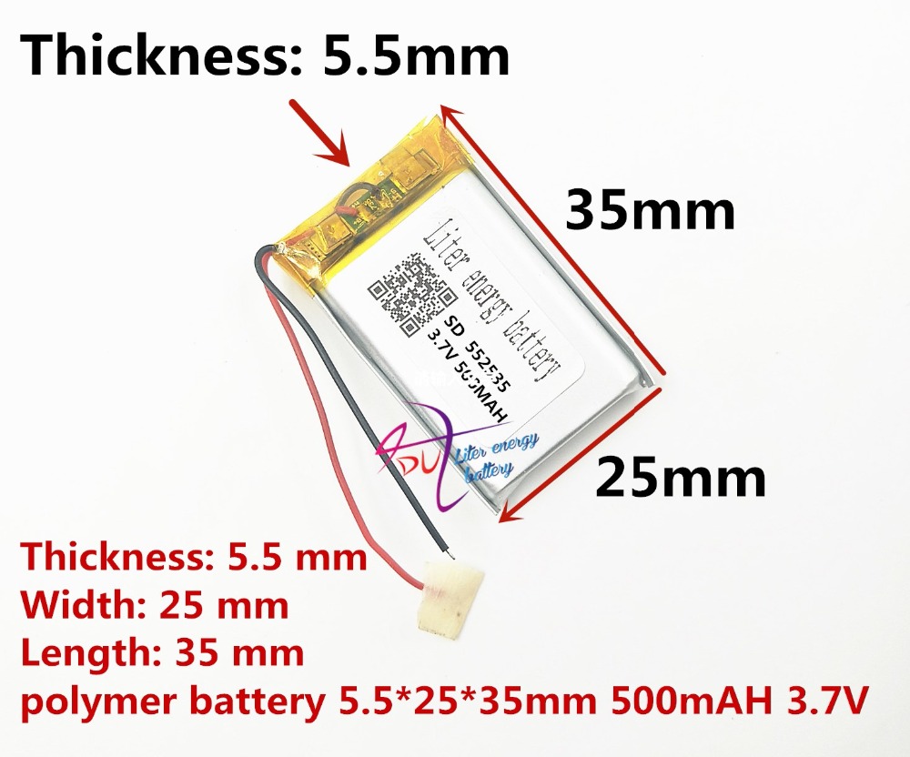 (1 stuks/partij) Polymeer lithium-ion batterij 500 MAH 3.7 V, 552535 CE FCC ROHS MSDS certificering