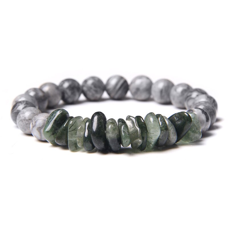 Gray map gem stone beaded bracelets for men women Lucky Green Rutilated Quartz crystal beads charm bracelet jewelry: 1 Matte Map stone / 21cm