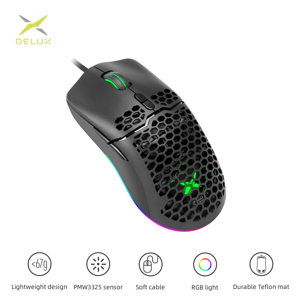 Delux  m700 67g pmw 3389 lätta trådbundna möss gamingmus rgb 7 knappar helt programmerbar honeycomb ihålig mus gamer