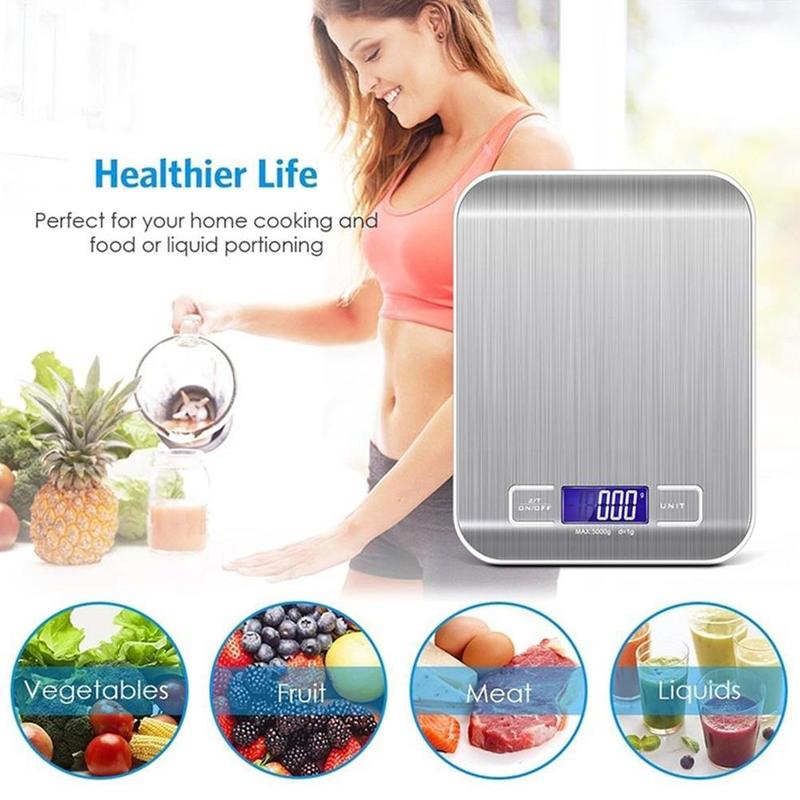 Silver Digital Scales 5kg 1g Weights Scale Stainless Steel Electronic Balance Measure Tools LED Display Kitchen Scale Libra