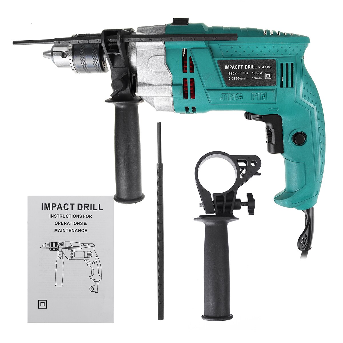 1980W 3800rpm 220V Electric Impact Drill Kit Handheld Flat Drill Rotary Hammer Multifunction + Scale Wrench Handle Bar