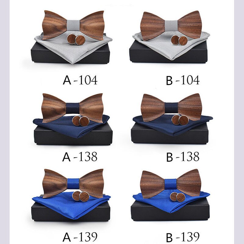 RBOCOTT pajarita de madera hecha a mano juego de gemelos y pañuelo pajarita 3D para hombres bolsillo de madera cuadrado con caja de para la boda de los hombres
