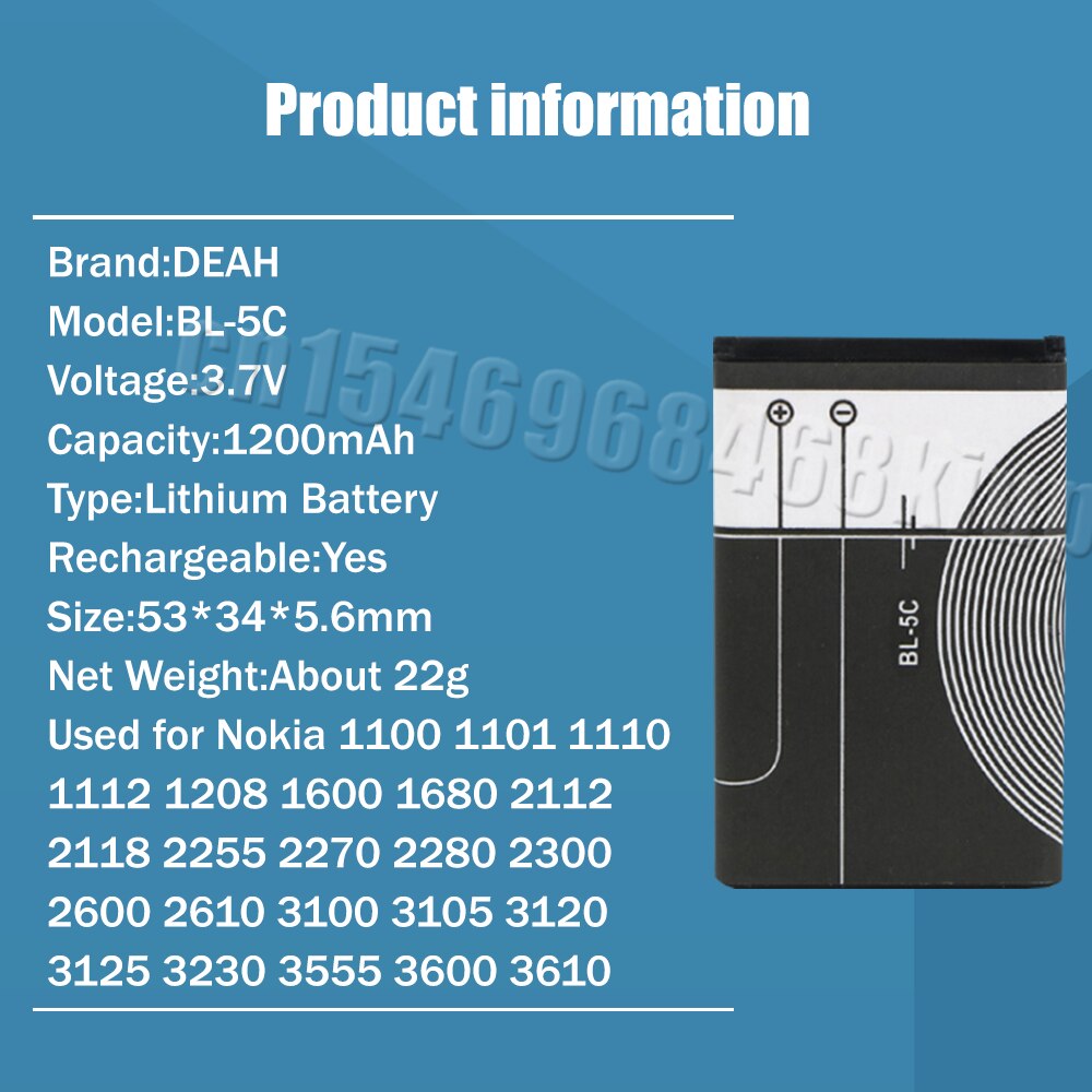 BL-5C BL5C BL 5C 3.7V 1200mAh Replacement Lithium Battery For Nokia 1100 1110 1112 1200 1208 1600 2300 2600 2610 3100 3110 5130