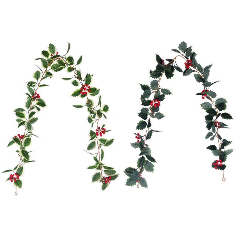 Enredadera de hoja de acebo Artificial de 1,7 m, guirnalda de flores de bayas de ratán de Navidad, adorno colgante para el hogar, decoración de navideña