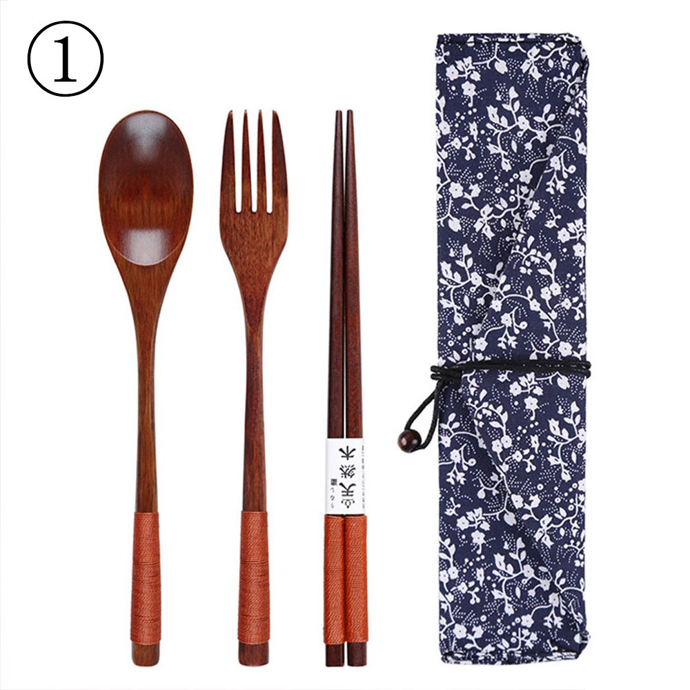 Tableware Set Cloth Bag Spoon/Fork/Chopsticks Dinnerware Set Cutlery Set 3pcs/Set Wooden Handmade Kitchen Dinner Japanese: 1