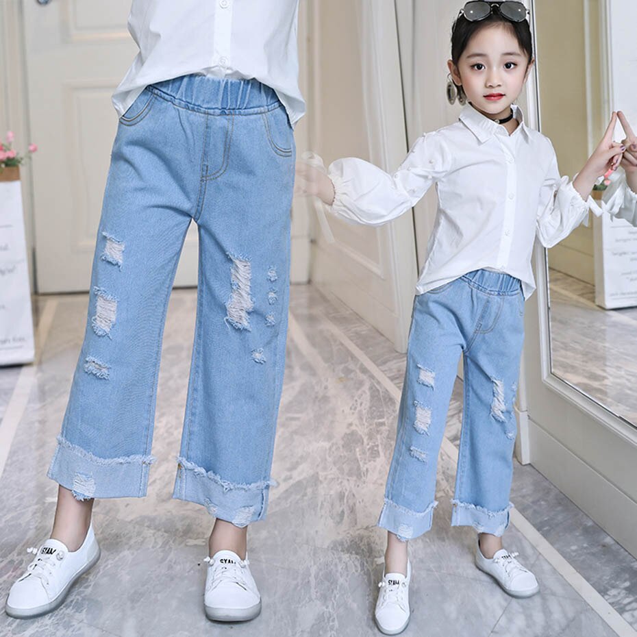 Jeans för flickor hål barn jeans tjejer höstmanschetter barn slitna jeans fritidskläder för flickor 6 8 10 12 14