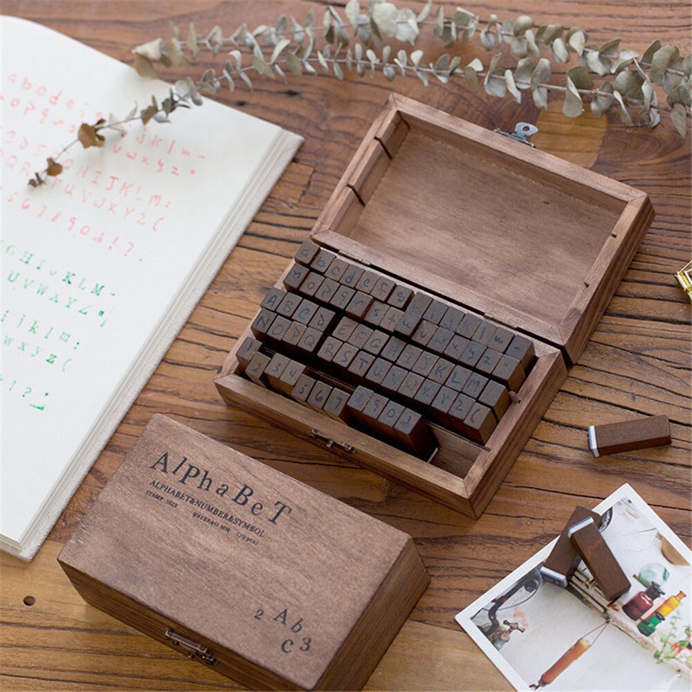 70pcs/set Number Alphabet Combination Letter Stamps with Wooden Box DIY Letter Diary Rubber Stamp Set Art Craft for Scrapbooking