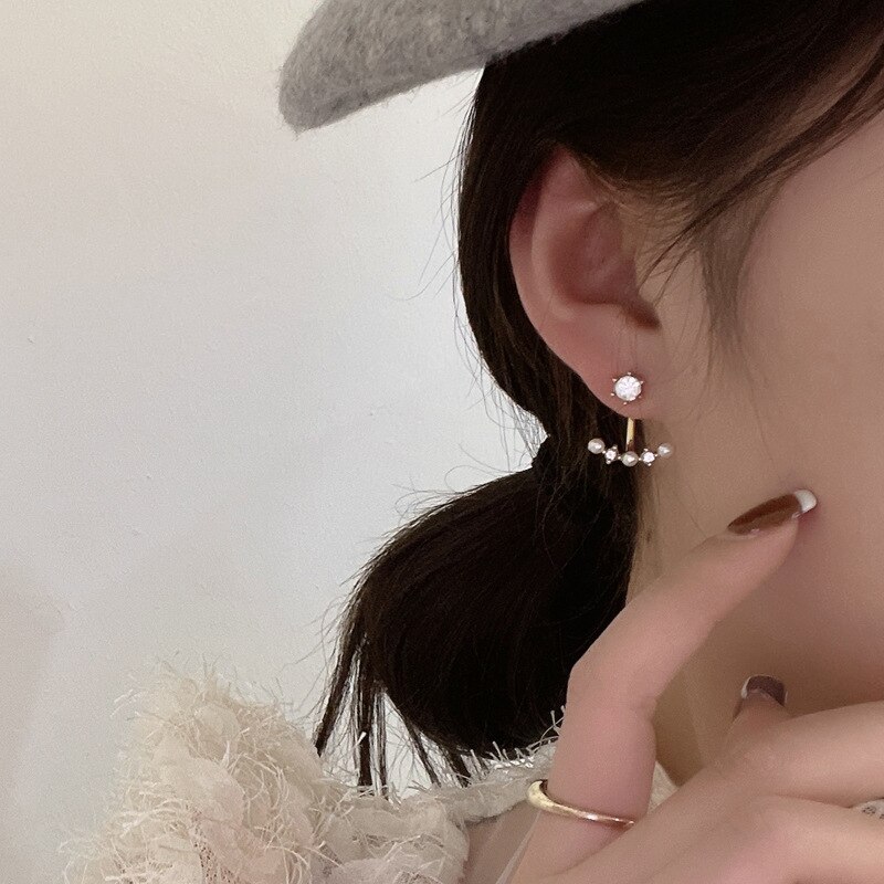 Short Shiny Sweet Ear Jackets Earrings Rhinestone Temperament Pearl Earrings