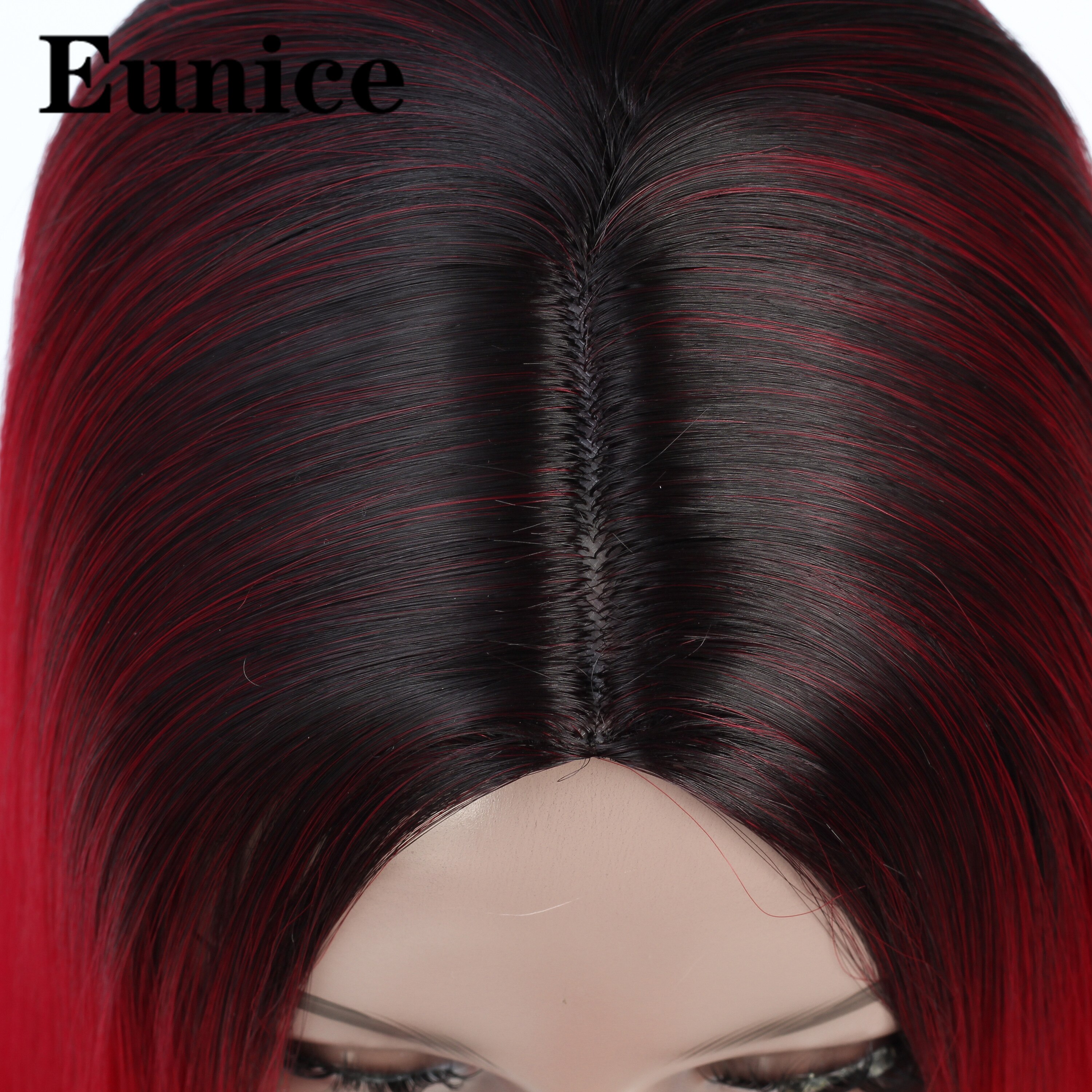 Ombre syntetisk peruk långa raka svarta peruker för kvinnor naturligt svart rött hår peruk mittdel regnbåge cosplay peruker eunice hår
