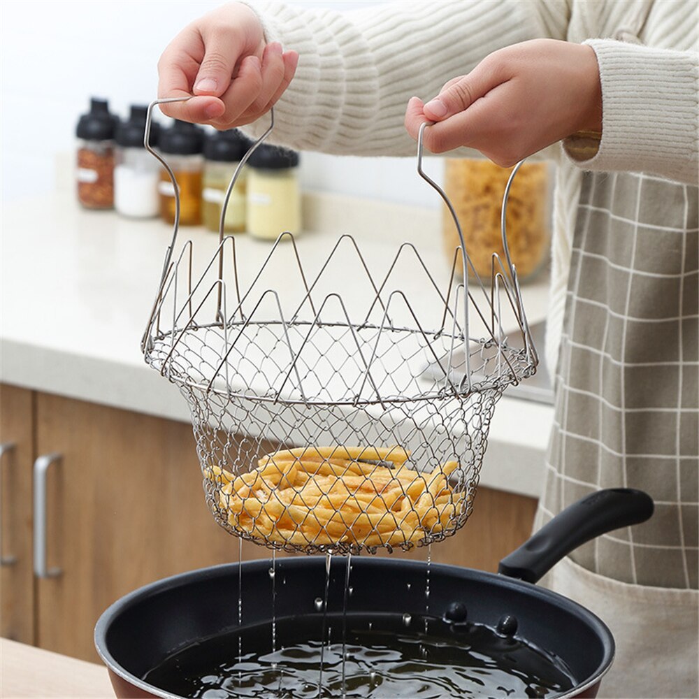 304 Stainless Steel Telescopic Frying Basket Foldable Potato Basket Colander Multi-function Kitchen Tool Frying Drainer