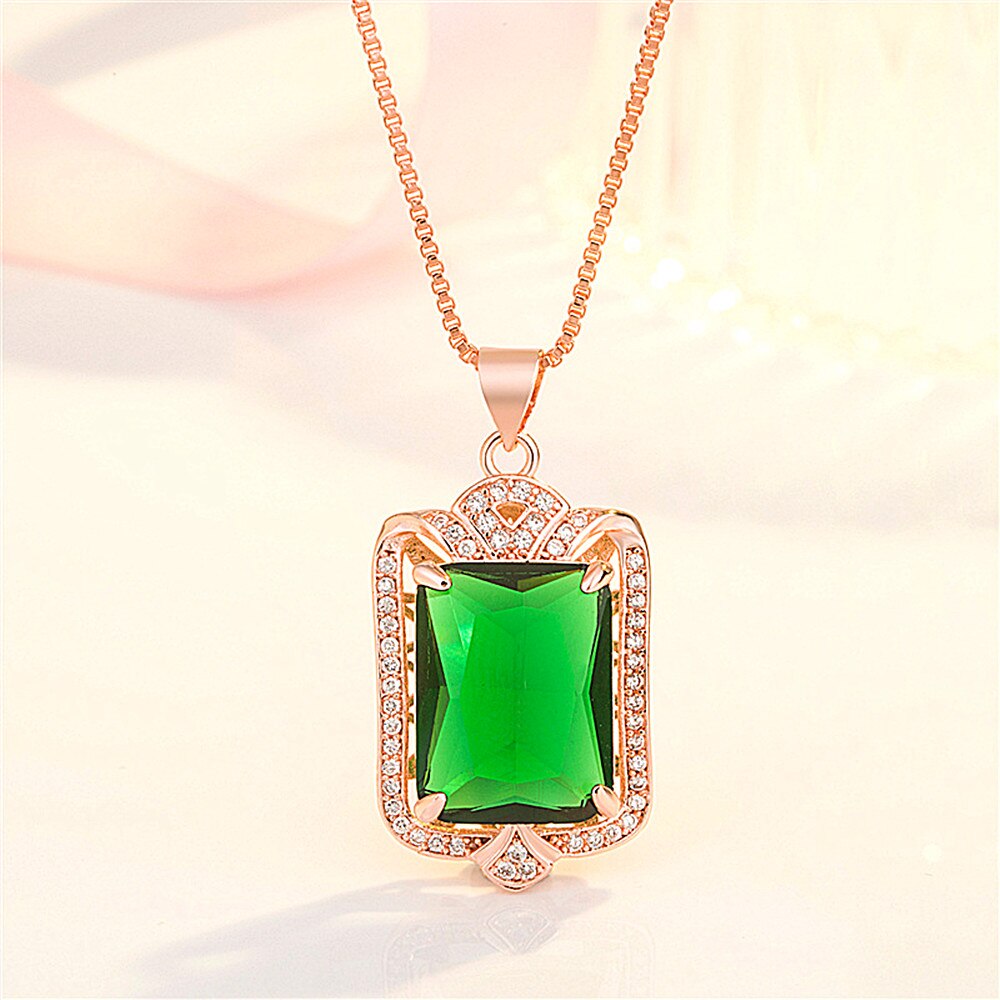 Big vintage emerald gemstones green crystal pendant necklaces for women zircon diamonds rose gold choker jewelry bijoux bague