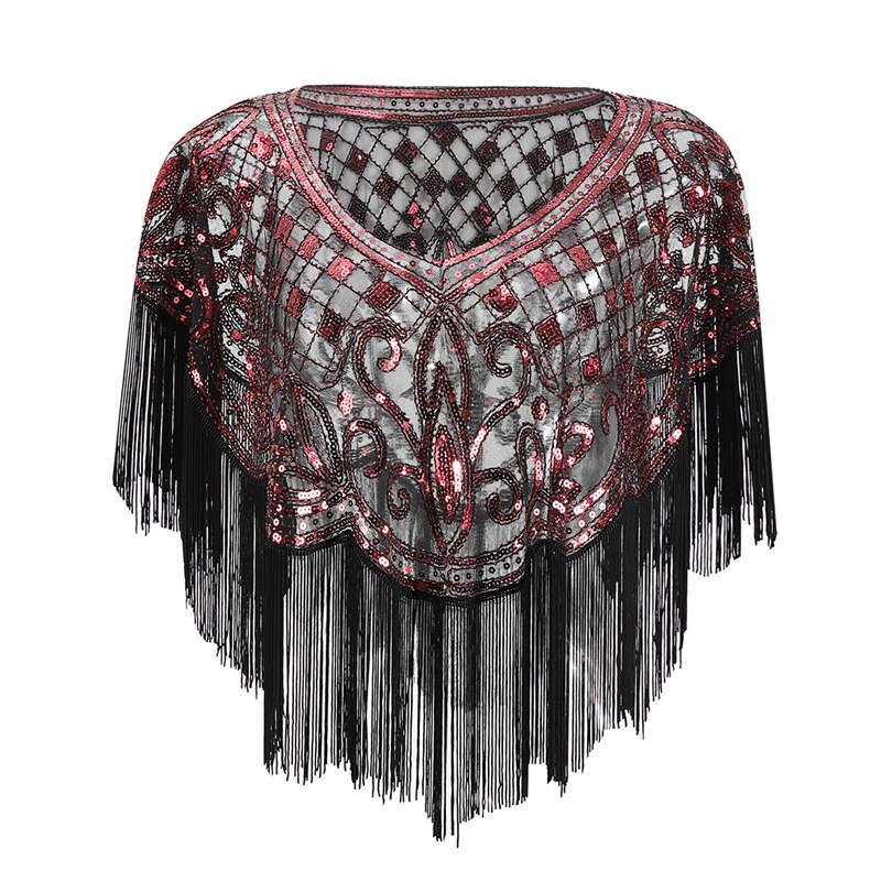 Tonval Vintage 1920s Scarves Pashmina Tassel Beaded Flapper Shawl Women Luxury Sequin Mesh Cape Cover Up Shawls and Wraps: Red