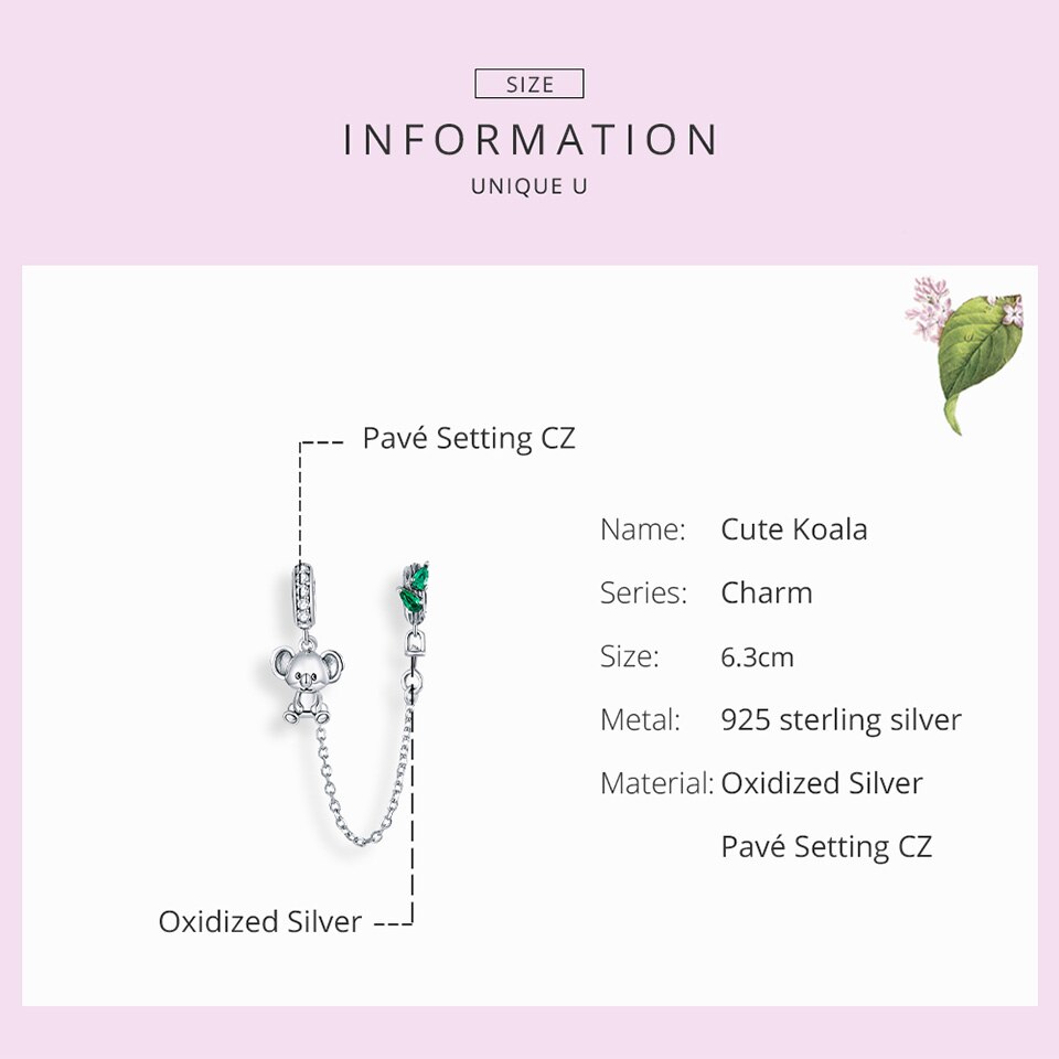 Bamoer 925 sterlina d'argento koala Fascino Della Catena di Sicurezza per Originale D'argento Del Serpente Del Braccialetto Donne Gioielli FAI DA TE Accessori SCC1523