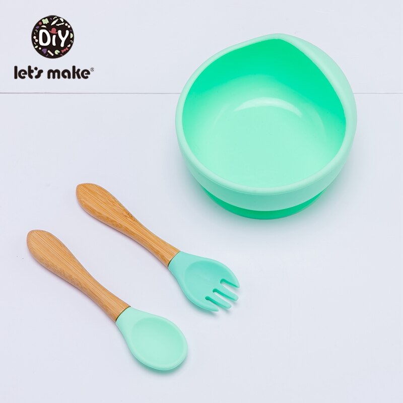 Lassen'S Machen 3 Teile/satz Baby Fütterung Geschirr einstellen Silikon Schüssel Löffel Gabel Nicht-Unterhose Schüssel Weiche Saug Befestigung Für freundlicher Baby: einstellen 10