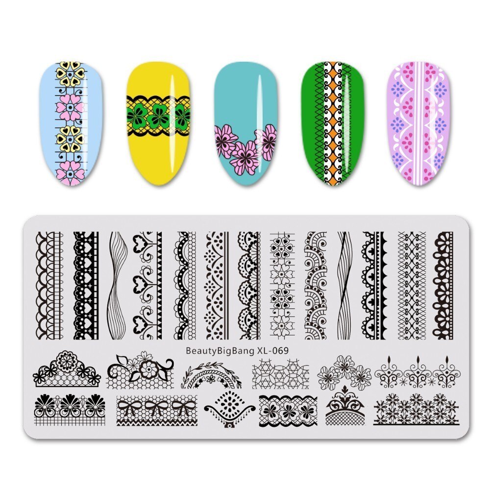 Beautybigbang Nail Art Stamping Plate Stainless Steel 12cm Butterfly Flower Plaid Bird Image Nail Stamping Template Mold XL-042: XL-069