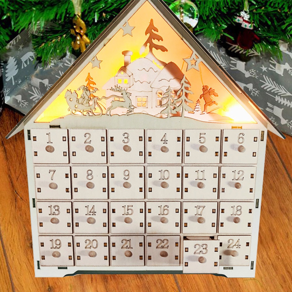 Box Wooden Advent Calendar Drawer Countdown DIY Desktop Decor Family Christmas Ornament House LED Light Deer Santa Claus