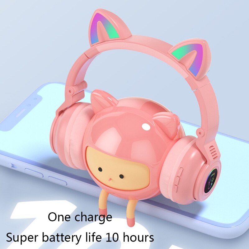 Bluetooth Headphones Cat Ear LED Light Up Wireless Foldable Headphones Over Ear Volume Control for Smartphones Laptop PC