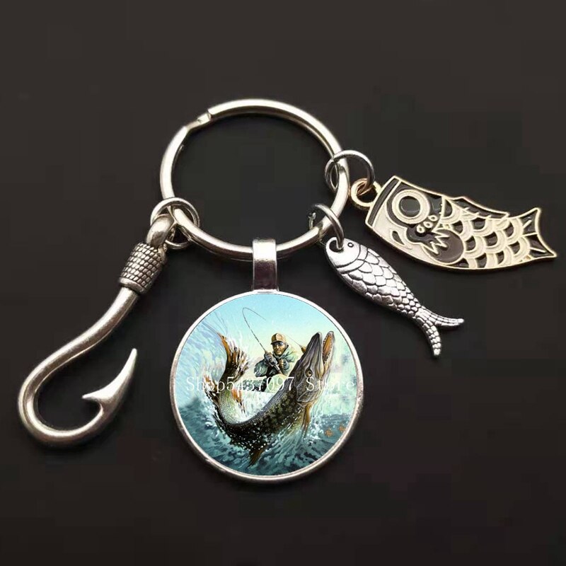 LLavero de maestro de pesca a la , llavero con anzuelo, llavero con cúpula de cristal, llavero de pescador I Love Fishing Fish, llave colgante: YELLOW
