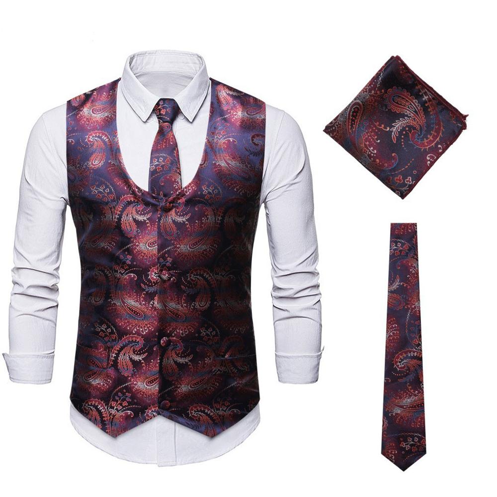 Vinröd paisley väst herr 3 st väst slips näsduksset märke bröllopsklänning väst herr chaleco hombre xxl: Vin, röd / Xxl